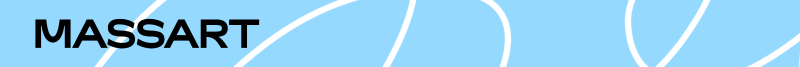 MassArt logo in black on light blue background with white swirl